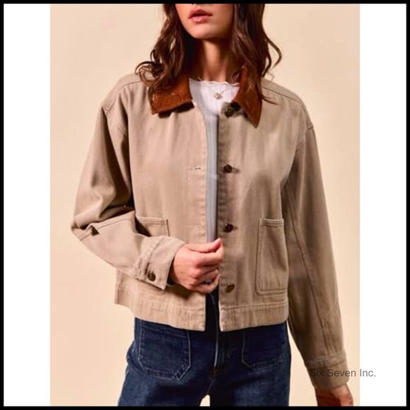 Cropped Barn Jacket Corduroy Collar Button Down Vintage Work Outerwear Pockets - Picture 4 of 7